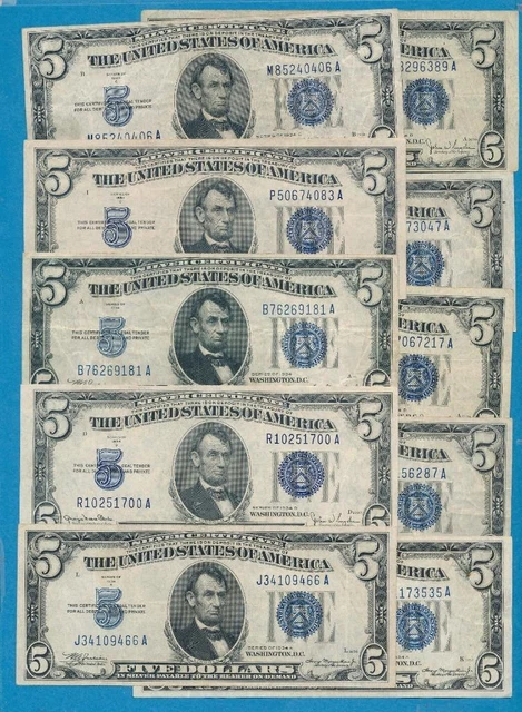 10-$5.00 1934 Mixed Series Blue Seal Silver Certificates Nice Vf+Xf Lot 2
