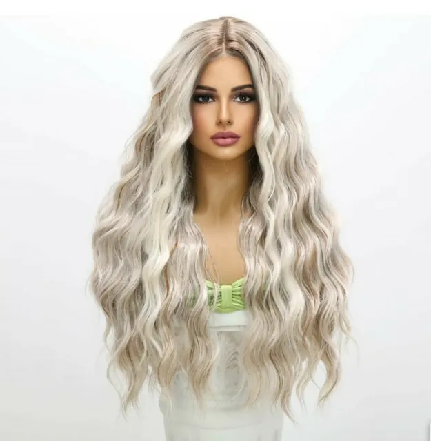 HD Lace Front Wig Ash Light Blonde Long Wavy Human Hair Blend Highlights Curly 2