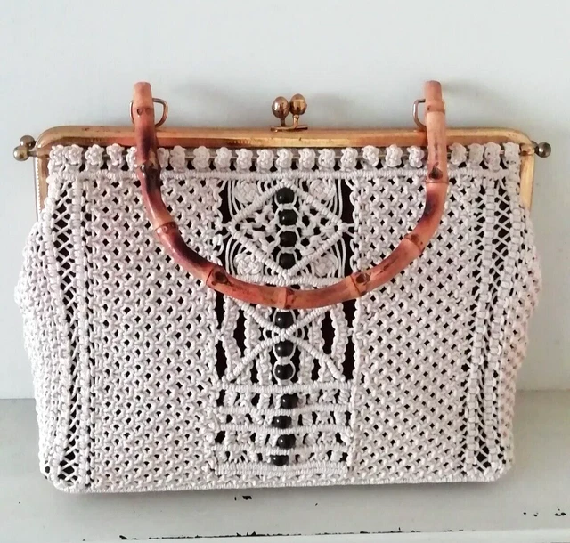 Vintage gehäkelte Bambus Handtasche Makramee Boho 1970er Jahre Verschluss Stil