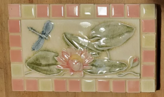 Dragonfly & Water Lily Mosaic HANDMADE CERAMIC encaustic wall TILE 9" x 5" Pink