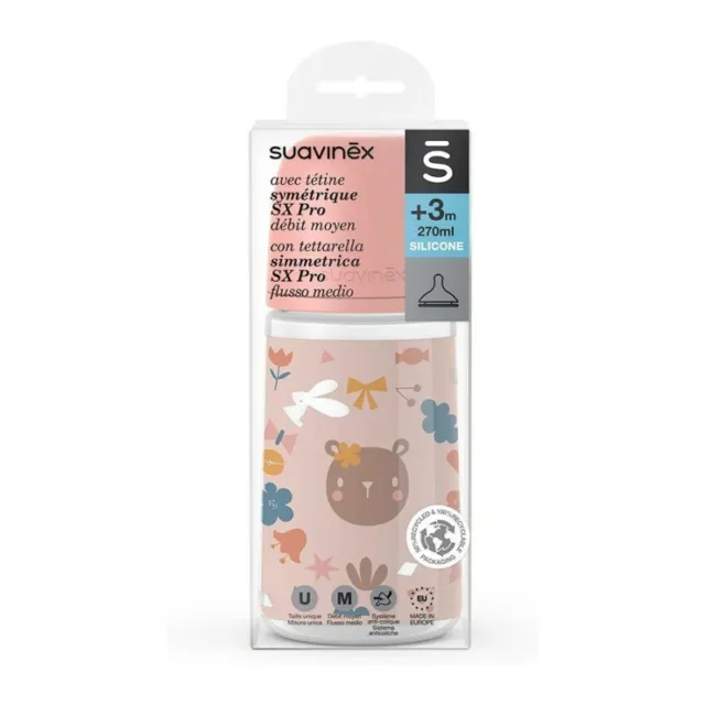 SUAVINEX Sx Pro - Baby bottle with symmetrical teat 3m+ medium flow 270 Ml Pink