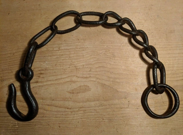 Antique Wrought Iron Hook on Length of Chain Beam Iron Ring 24" inch