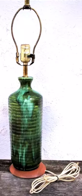 Phil Mar ???? Green with Turquoise Drip Glaze and Wood Base 24 inch Table Lamp