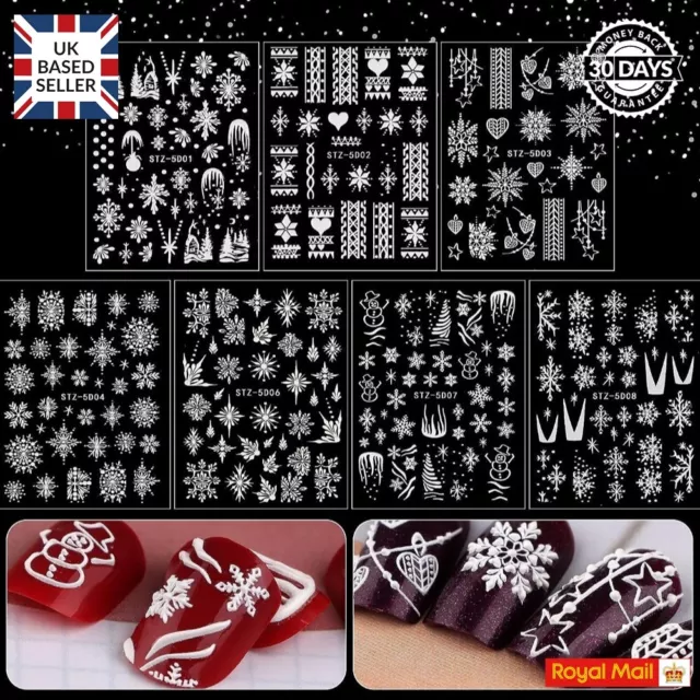 Nail Art Stickers Decals Christmas White Snowflakes Lace Presents Stars 3D Decor