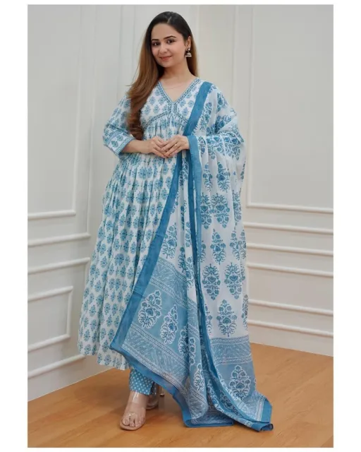 Blue Color Anarkali Dress Indian Handmade Women Party Wear Kurti Palazzo Dupatta