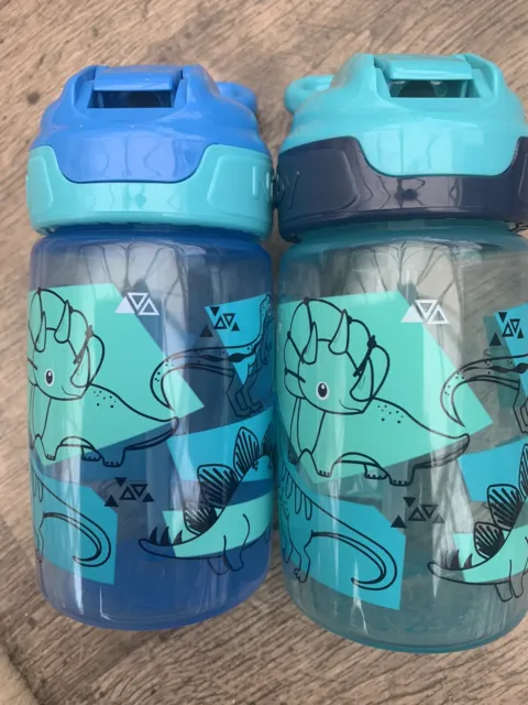 2 X Nuby Dinosaw Flip Top Straw Drinks Water Bottle Non Spill 360ml New