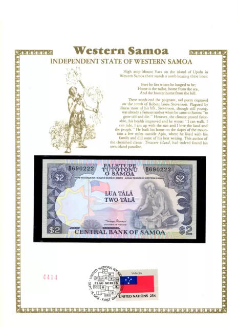 Western Samoa 2 Tala 1985 P 25 UNC w/FDI UN FLAG STAMP Lucky B690222