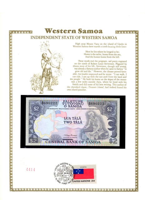 Western Samoa 2 Tala 1985 P 25 UNC w/FDI UN FLAG STAMP Lucky B690222