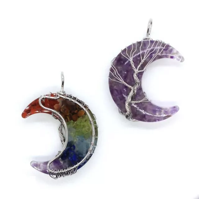 Natural Chakra Healing Crystal Necklace Tree of Life Crescent Moon Stone Pendant 3