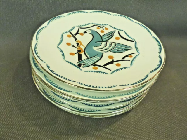 Lot 6 anciennes petites assiettes à dessert en céramique de Lunéville K&G oiseau