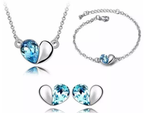 Collana Donna Orecchini Bracciale Aida Cuore Blu PER Swarovski E. Parure Coppia