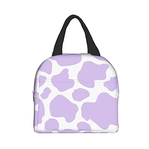 Cow Print Purple Insulated Lunch Bag Reusable Lunch Box For Girls Meal Portab...