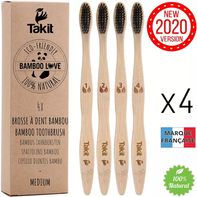 Brosse A Dent Bambou Pack De 4 Poils Moyen Avec Charbon Infusé Bio Ecologique