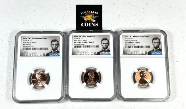 2019-W Lincoln Shield Cent 3 Coin Set NGC MS 70 RD, PF 70 RD, Rev PR 70 RD FDOI