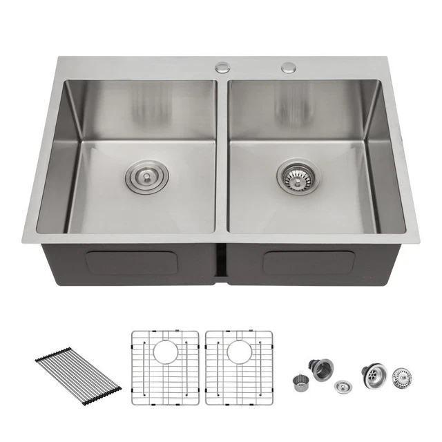 Lordear 33 Inch Kitchen Sink Drop-in Topmount Sink 16 Gauge Double Bowl 50/50