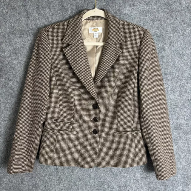 Talbots Blazer Jacket Women's 8 Brown Houndstooth Wool Lined Pockets Vintage