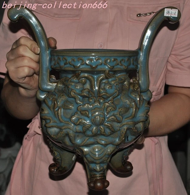 China Song dynasty Jun porcelain Peony flower Handle Incense burner Censer