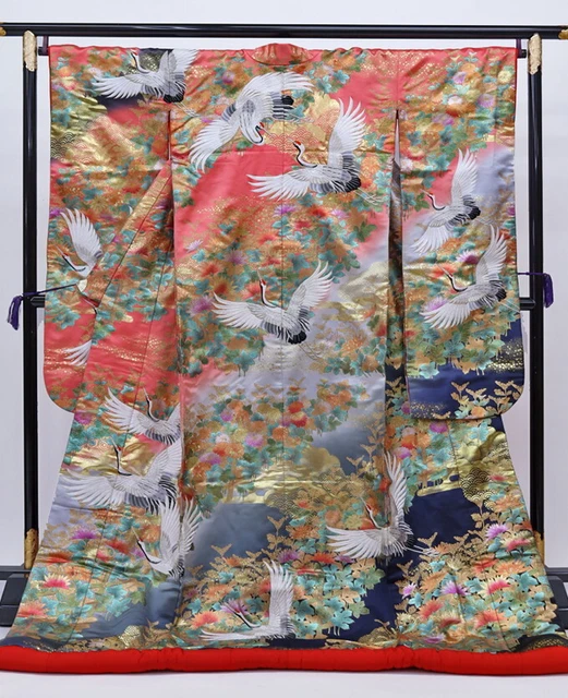 Japanese Wedding Silk Kimono Uchikake Gold Pink Blue Crane Birds Flower 74in.