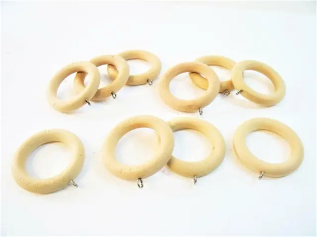10-Pack Natural Unfinished Wood Wooden Curtain Rod Pole Rings w/ Gold Eye Hooks