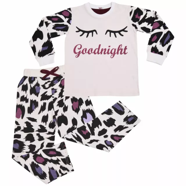 Kids Girls Goodnight Pyjamas Children White PJs 2 Piece Leopard Sleepwear Set