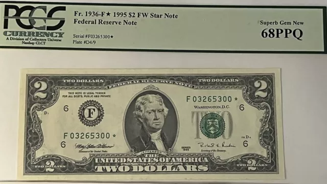 Rare 1995 $2 Federal Reserve *Star Note Atlanta Graded PCGS 68 EPQ * Superb Gem