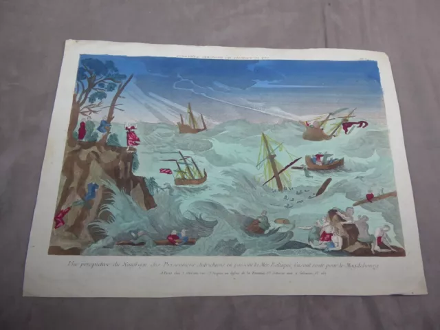OPTICAL VIEW ENGRAVING: SHIPWRECK OF AUSTRIAN PRISONERS. 18th century.
