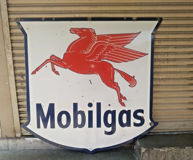 Vintage Porcelain Enamel Sign Mobil Gas Pigasus Petrol Station Old Huge 56 X 58