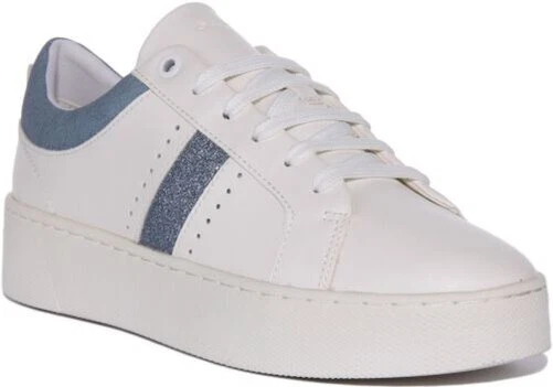 GEOX D Skyely Dentelle Plateforme Pailleté Baskets Blanc Bleu Femmes UK 3 - 8