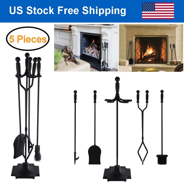 5PCS WROUGHT IRON Fireplace Tools Set w/ Poker Tongs Shovel Brush Wood