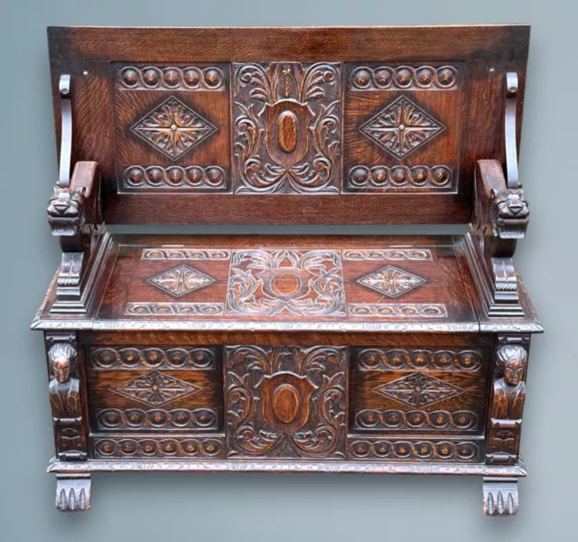 Carved Oak Monks Bench