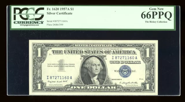 DBR $1 1957-A Silver Gem Fr. 1620 IA Block PCGS 66 PPQ Serial I87271160A