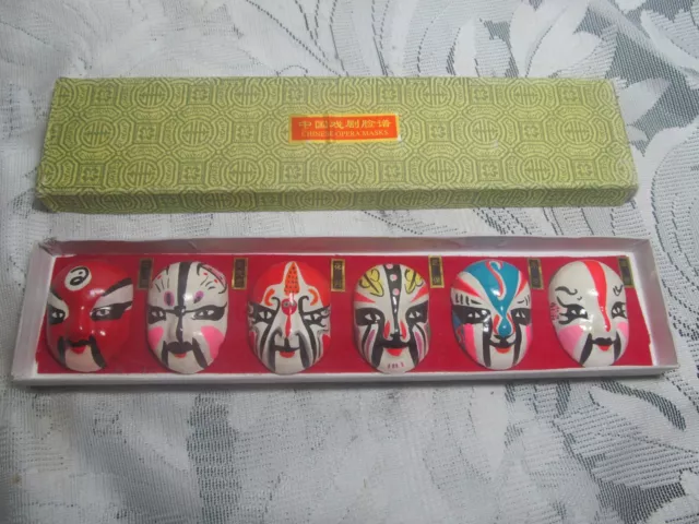 Vintage Set of 6 Chinese Beijing Porcelain Miniature Opera Masks w Box