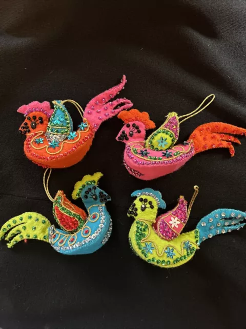 Vintage Bucilla Exotic Bird Felt Beaded Sequins Christmas Ornaments Set Of 4