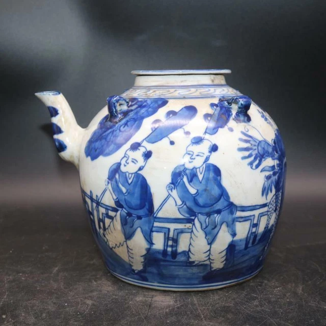 Chinese Blue and White Porcelain Qing Figure Pattern Teapot 5.70 inch