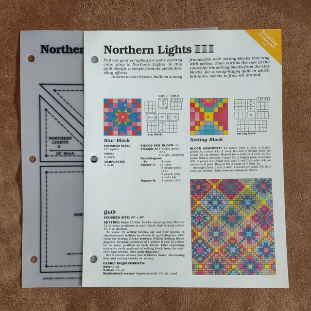 NORTHERN LIGHTS QUILT Block Sewing Pattern & Plastic Template 5.00