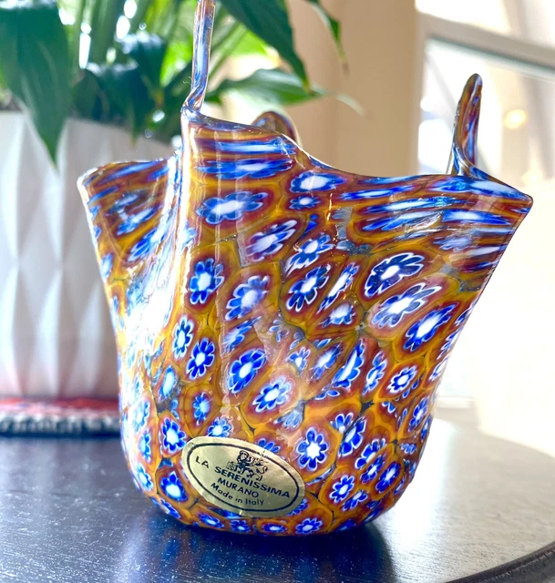 MURANO GLASS LA Serenissima Millefiori Handkerchief Vase Bowl W/ Label