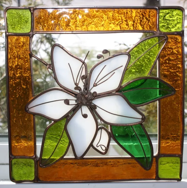 Vintage 7" Square Stained Glass Flower Window Pane