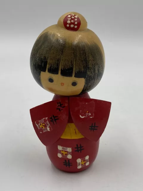 Japanese Creative Kokeshi Vintage Doll Sosaku Hand Painted Red Kimono Wood Doll