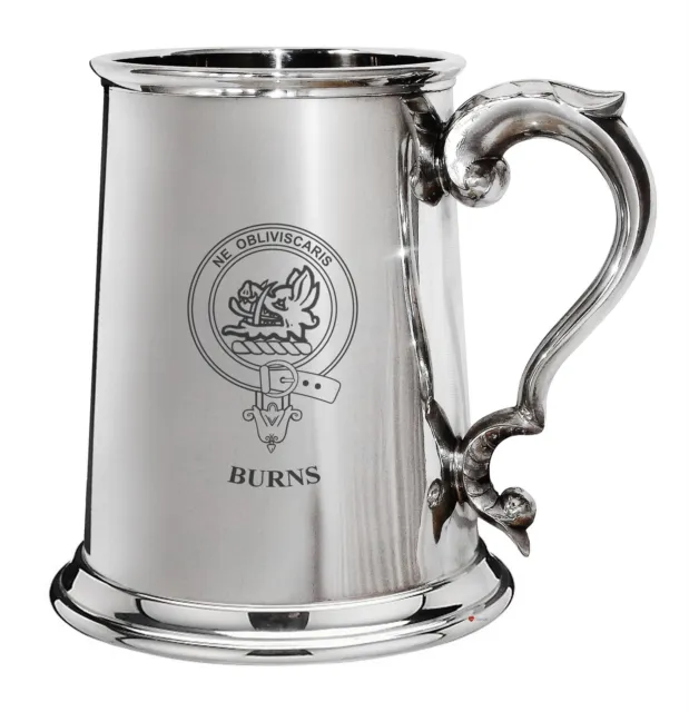 Burns Family Crest Polished Pewter 1 Pint Tankard with Scroll handle