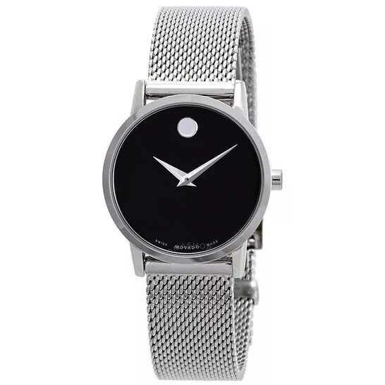 Movado Museum Black Dial Silver Tone Stainless Steel Ladies Mesh Watch 0607220