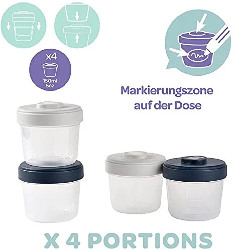 4er Beaba Portionsbehälter Set Stapelbare Behälter, 100 % Luftdicht, 150ml