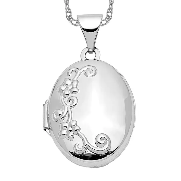 14K White Gold Flower Oval Personalized Photo Locket Necklace Charm Pendant