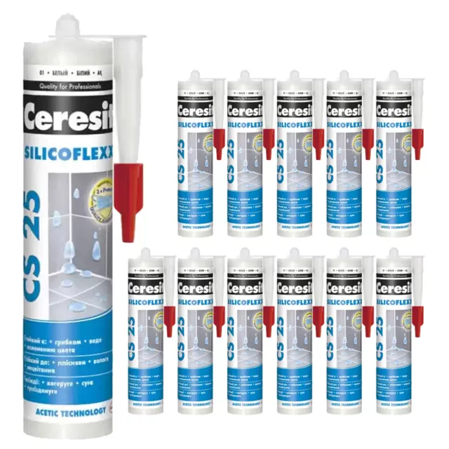 Joint Mastic D'Étanchéité Ceresit CS25 Silicone pour Sanitaires Noix 12 X 280ml