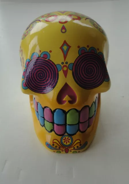 Vintage Yellow Psychedelic Art Day Of The Dead Skull Painted Resin Coin Bank