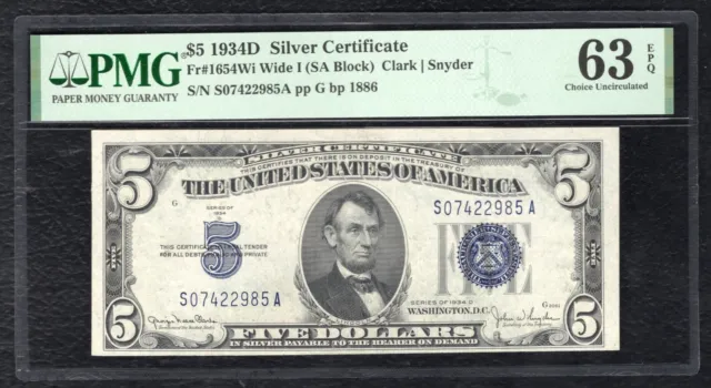 FR. 1654Wi 1934-D $5 SILVER CERTIFICATE CURRENCY NOTE PMG UNCIRCULATED-63EPQ (F)