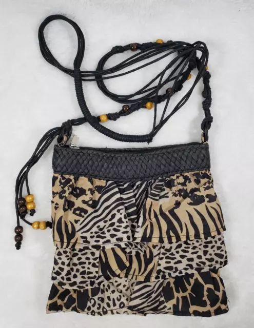 Capelli Straw World Animal Print Crossbody Purse Hand Bag Ruffle Wood Beads