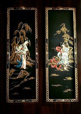 2 Vintage Asian Chinese Hand Carved and Painted Black Lacquer Art Panels