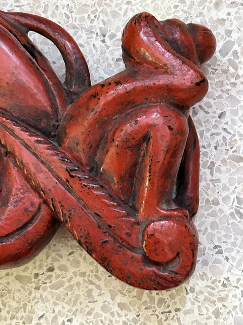 Carved Wooden Teak Red Lacquer Rice Scoop Monkey Burmese Myanmar 18" 6