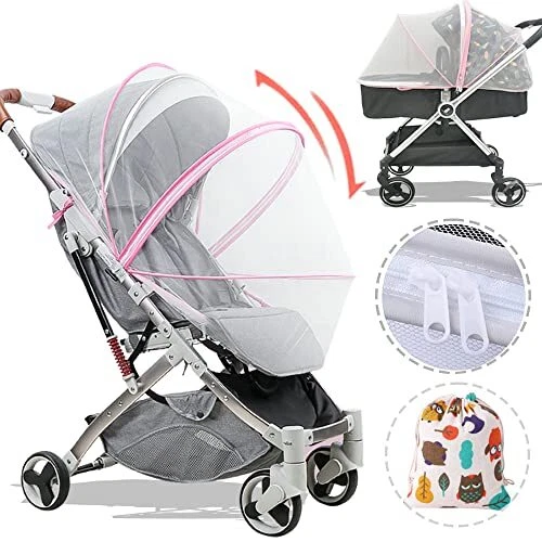 Mosquitera para cochecito, mosquitera universal para bebé, doble cremallera rosa