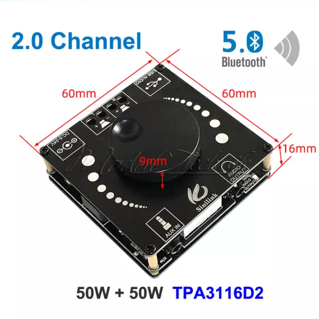 TPA3116D2 HIFI AUX USB Bluetooth5.0 Audio Stereo 50Wx2 Digital Amplifier Board